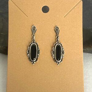 VTG Heirloom 73 Sterling Silver 925 Oval Black Onyx Marcasite Dangle Earrings